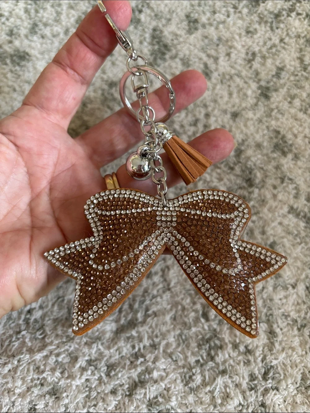 Western Rhinestone Bow Keychain with Tassel - Brown NWT 6”
